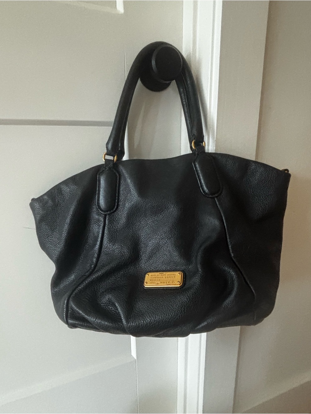 Marc by Marc Jacobs Black Leather Tote with Gold Plaque Accent